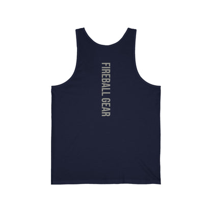 Camiseta sin mangas unisex Fireball Gear - Flame &amp; Gear - Gris y blanca