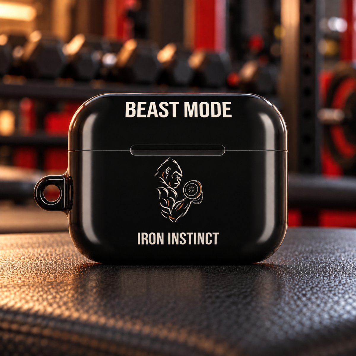Beast Mode - Iron Instinct Black AirPods Pro Gen 2 protective case on a gym bench; body-centered design