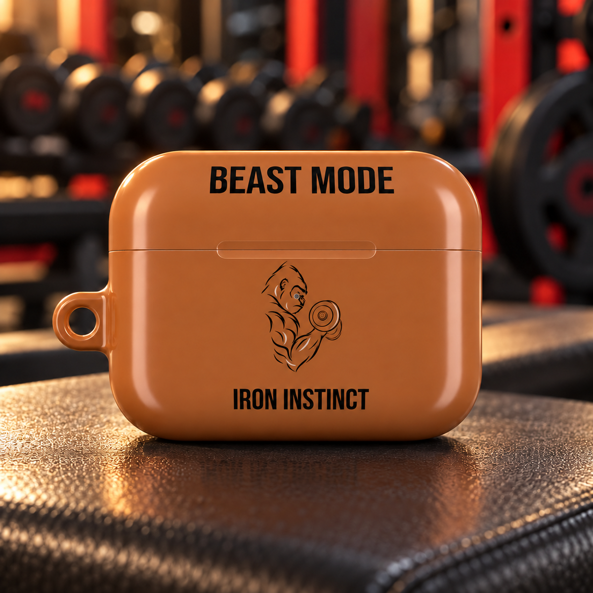 Beast Mode - Iron Instinct Burnt Orange AirPods Pro Gen 2 protective case on a gym bench; body-centered design
