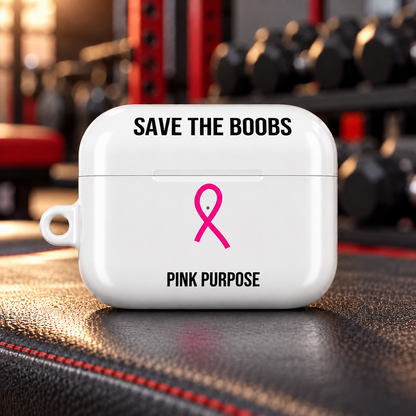 Pink Purpose White AirPods Pro Gen 2 protective case on a gym bench; body-centered design