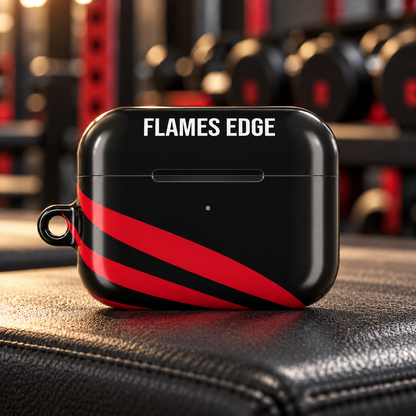 Flames Edge Black AirPods Pro Gen 2 protective case on a gym bench; body-centered design