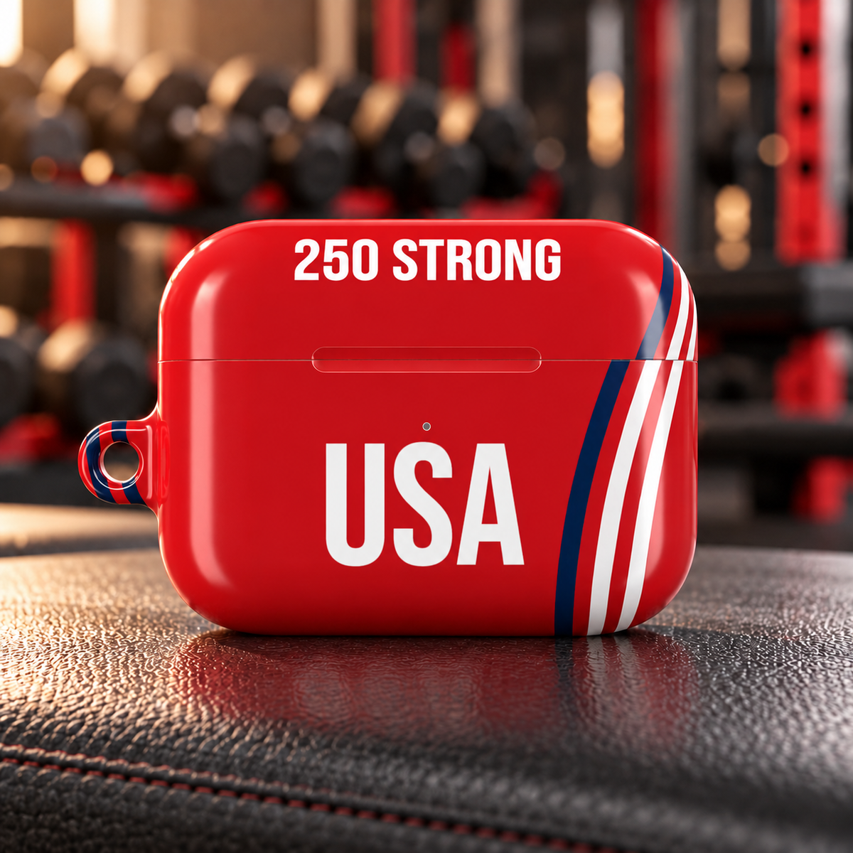 250 Strong Red AirPods Pro Gen 2 protective case on a gym bench; body-centered design