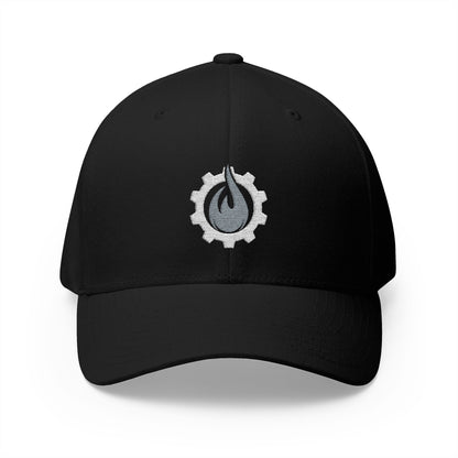 Fireball Gear - Brand Logo - Flame & Gear - Gray & White - FlexFit Cap