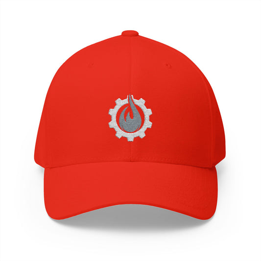 Fireball Gear - Brand Logo - Flame & Gear - Gray & White - FlexFit Cap