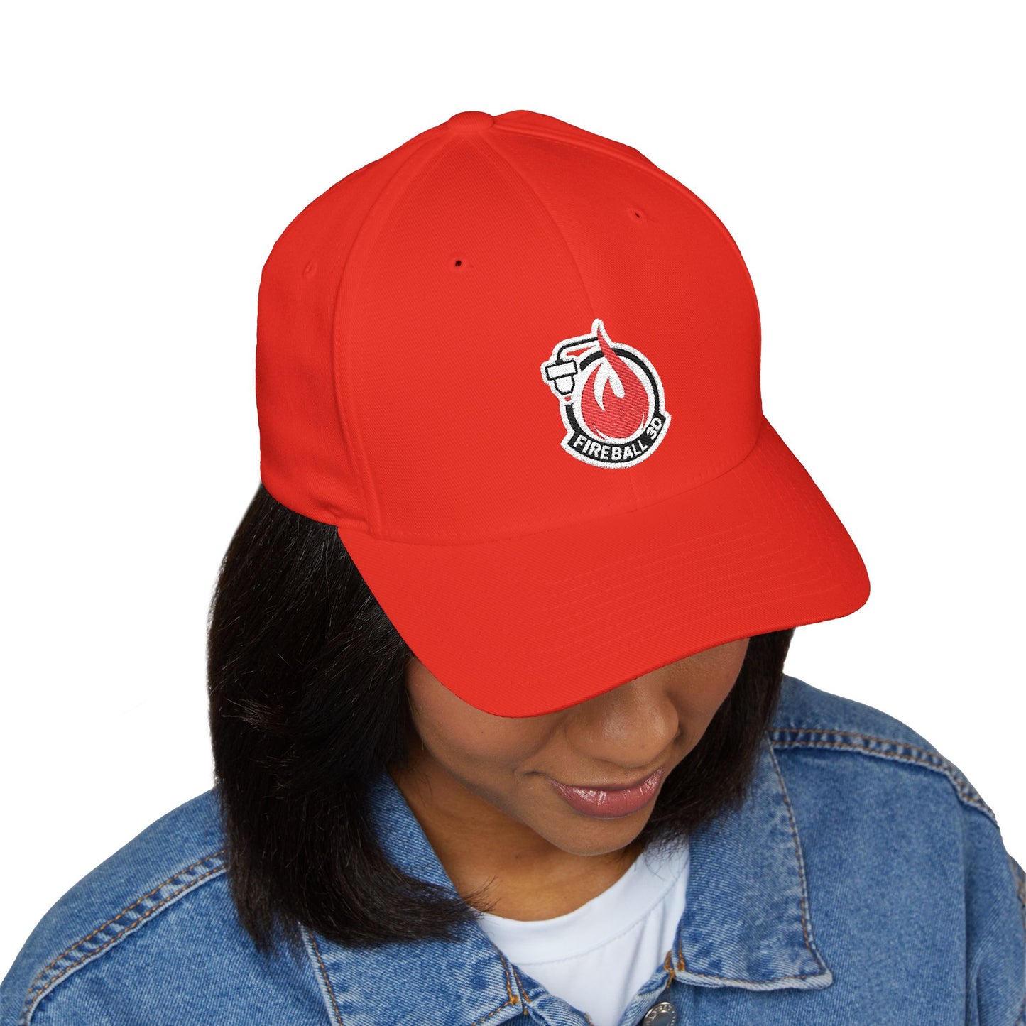 Fireball 3D - Brand Logo - Flame & Text - Red & White - Light Colors - FlexFit Cap